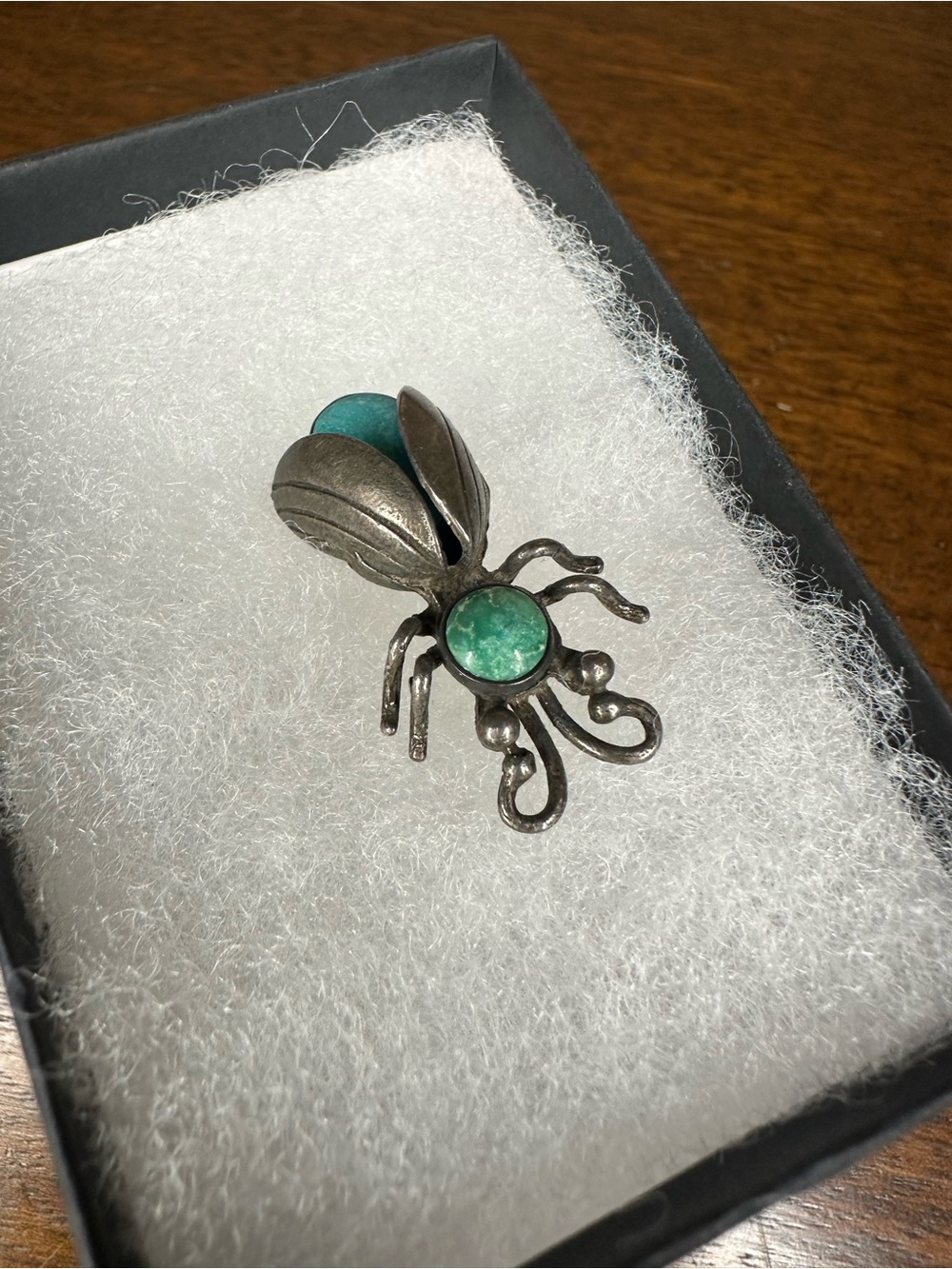 Vintage Turquoise Bug Pin Brooch in Green-Turquoise Sterling Silver